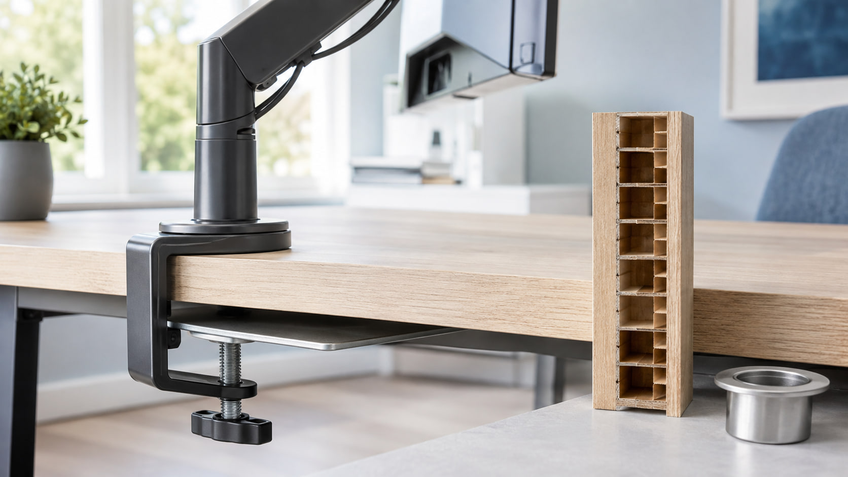 Monitorarm op een dun of hol bureau bevestigen