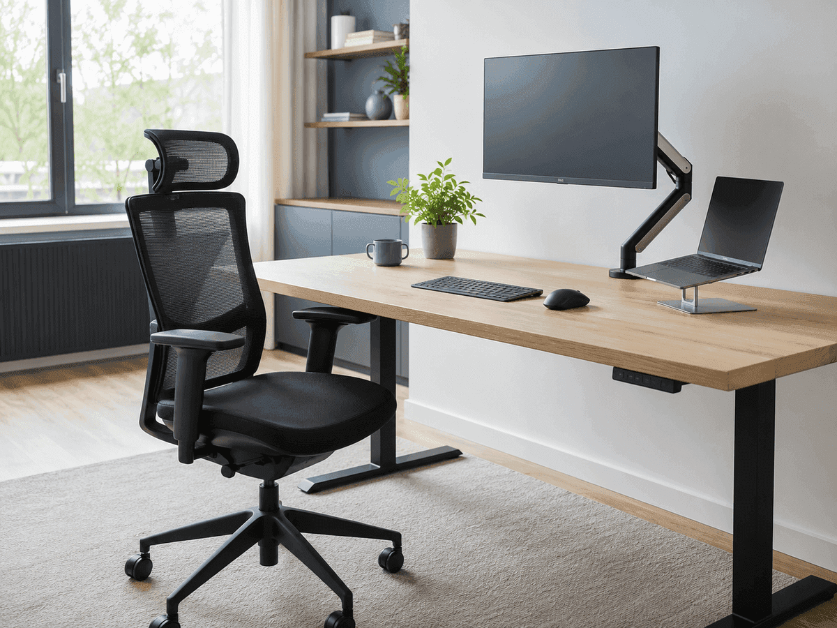 Een opgeruimde thuiswerkplek met een ergonomische bureaustoel, zit-sta-bureau, monitorarm en laptopstandaard bij natuurlijk daglicht.
